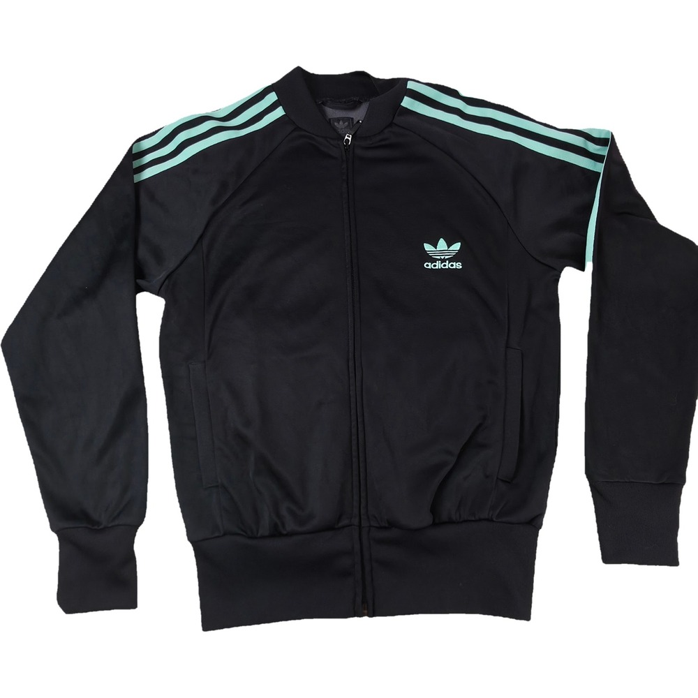 Adidas Track Jacket Womens M Black Mint Green Trefoil 3-Stripe 574243 Excellent